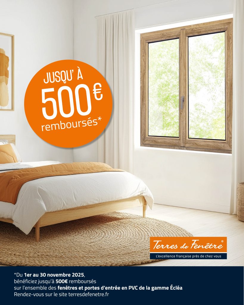Du 1er au 30 novembre 2025, bénéficiez d’une offre de remboursement exceptionnelle sur toute la gamme PVC Ecléa. 💶Jusqu’à 500€ remboursés pour l’achat de fenêtres et/ou de portes d’entrée. ✨N’attendez plus pour profiter de l’excellence de notre gamme PVC Ecléa. 📌Voir modalités de l’offre sur terresdefenetre.fr
